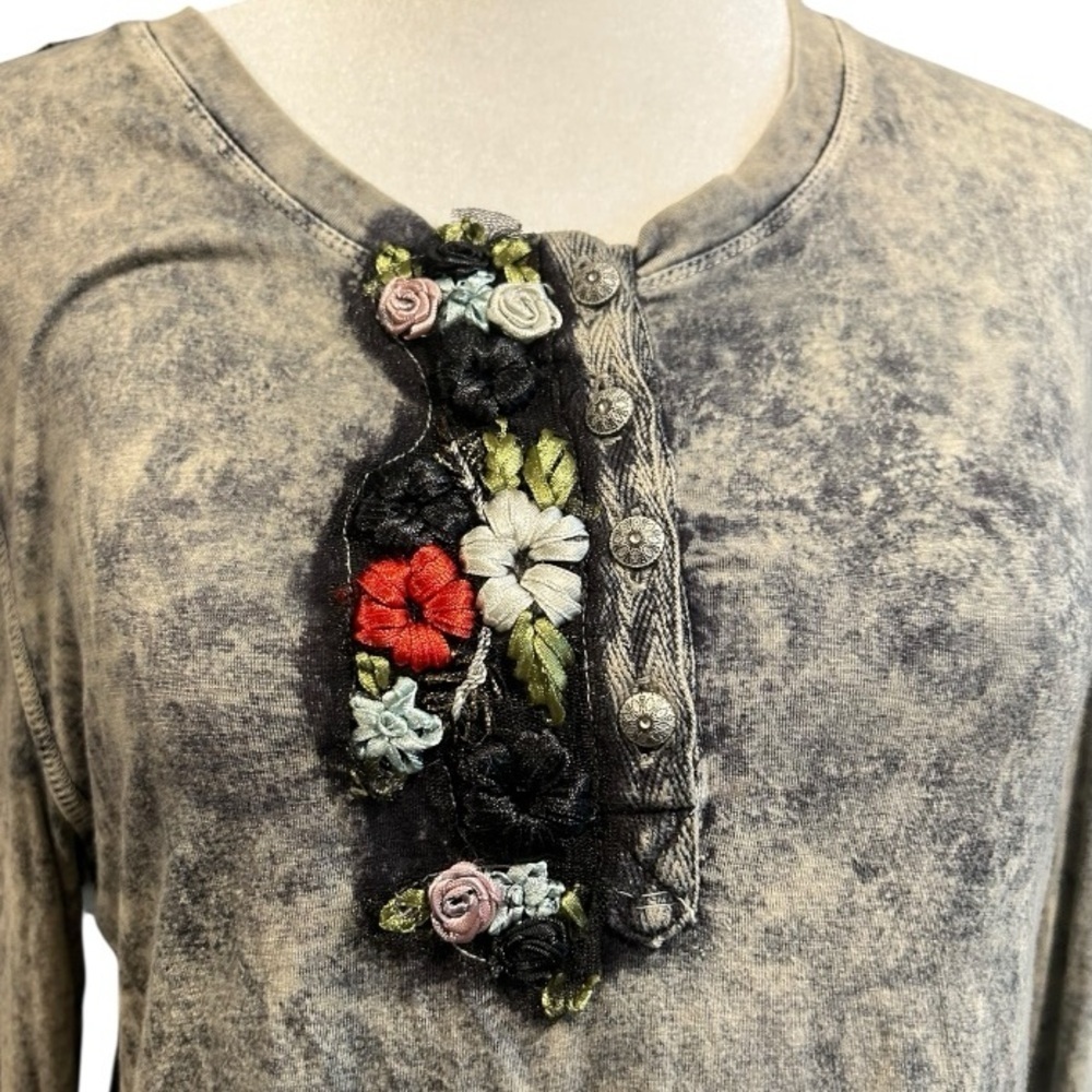 ARATTA SILENT JOURNEY Mineral Acid Wash Embroidered LS Tunic Shirt Boho Sz S EC